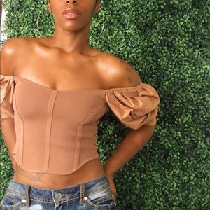 Tan Off Shoulder Puff Sleeve Top